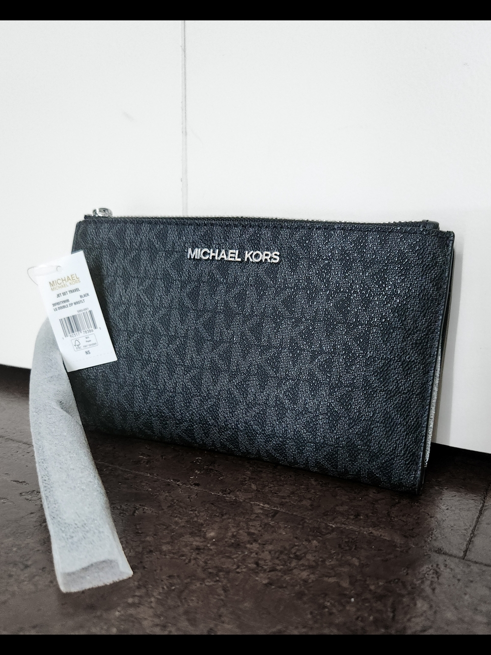 Michael Kors Jet Set Signature Logo Double Zip Wallet In Black
